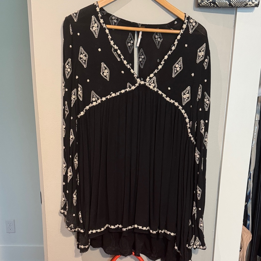Free People Black and White Patterned Blouse